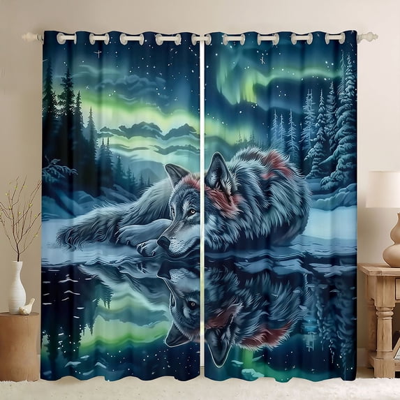 Manfei Gray Wolf Blackout Curtains,Icy Woodland Pattern Curtains Pack of 2 (42x84 Each)