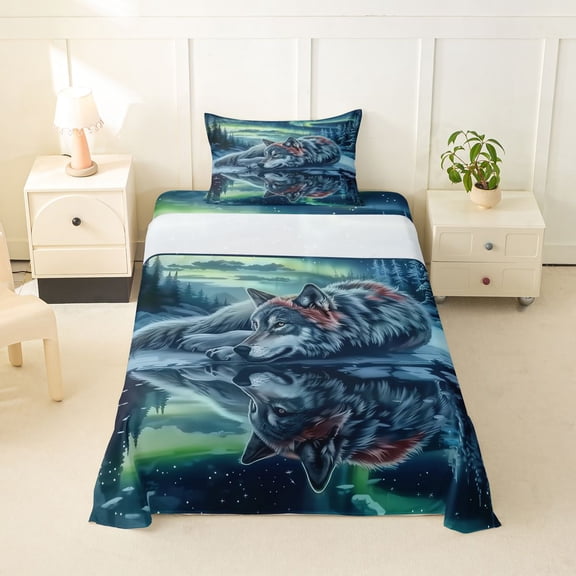 Manfei Gray Wolf Twin Sheets,Icy Woodland Pattern Bedding,3pcs,1 Fitted Sheet and 1 Pillowcase