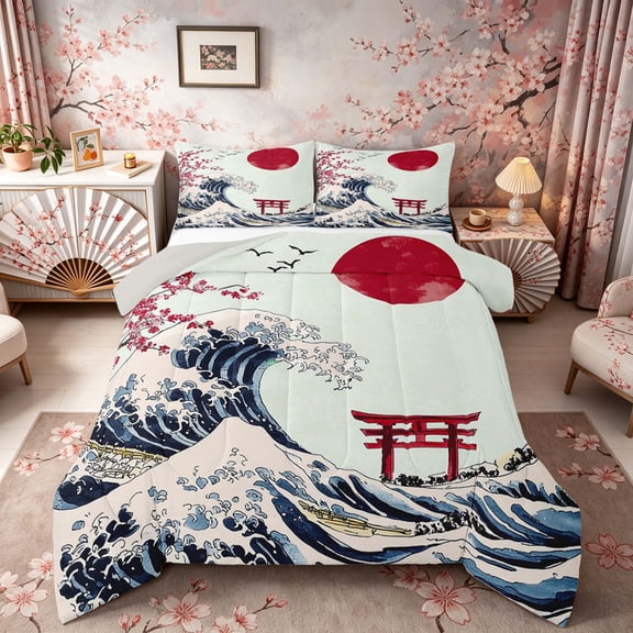 Manfei Great Wave Torii Full Size Comforter Sets, Red Sun Cherry Bedding Sets Wall Decor, Light Blue Red White, Gray Reversible 3pcs, 1 Comforter and 2 Pillowcases