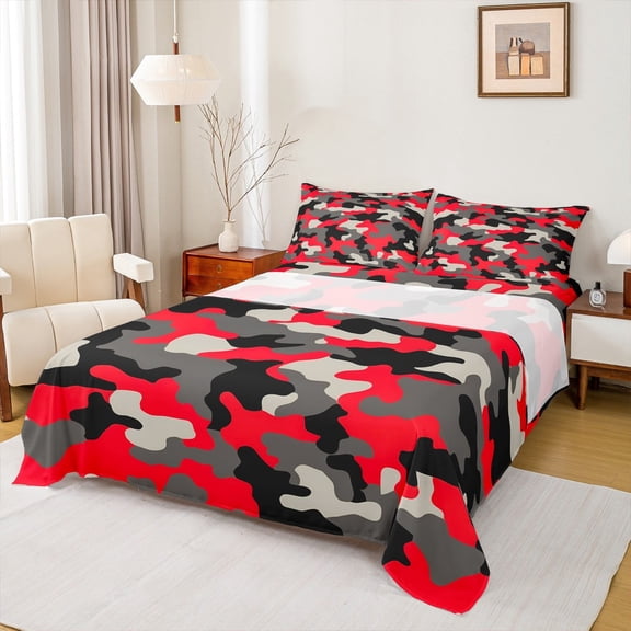 Manfei Gred Gray Camouflage Bed Sheets,Rustic Farmhouse Cabin King Sheets,Military Camo Sheet Set For Boys Kids,Super Cozy Room Decor,4pcs