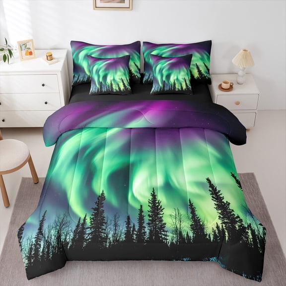 Manfei Green Aurora 7-Piece Twin Bedding Sets,Tropical Botanical Pine Bedding Comforter Set,Natural Landscape Sheet Sets For Men Women,Super Cozy Room Decor Reversible