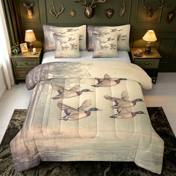 Manfei Green Billed Waterfowl Print 7-Piece Twin Bedding,Farmhouse Bird Bedding Comforter Set,Light Gray Reversible