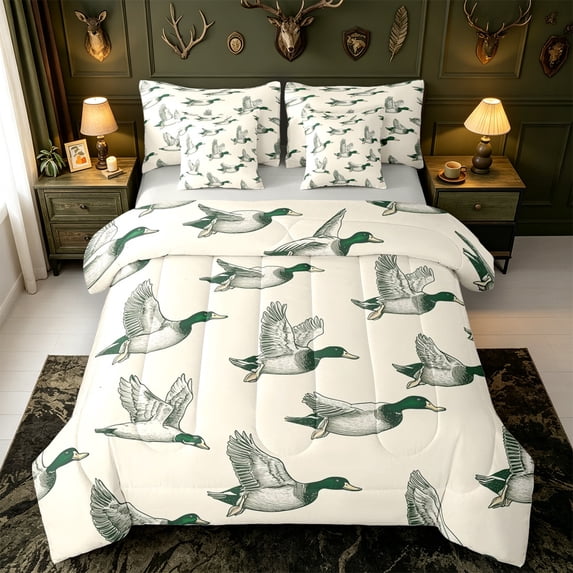 Manfei Green Billed Waterfowl Print 7 Pieces Full Size Bedding Sets,Rustic Mallard Duck Full Size Bed in a Bag,Light Gray Reversible