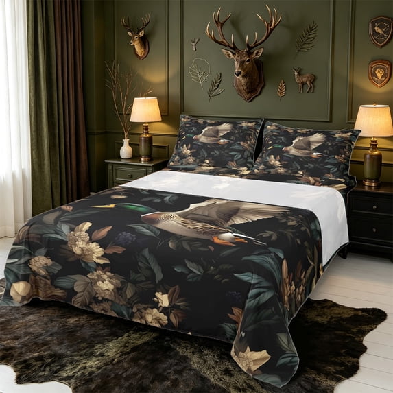 Manfei Green‑Billed Waterfowl Print Bed Sheets,Rustic Wild MallardFull Size Sheets,4pcs,1 Flat Sheet,1 Fitted Sheet and 2 Pillowcases