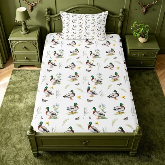 Manfei Green Billed Waterfowl Print Fitted Sheet Full,Farmhouse Duck Bed Set,3pcs,1 Fitted Sheet and 2 Pillowcases