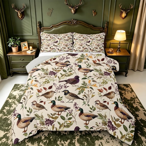 Manfei Green Billed Waterfowl Print Full Size Comforter Sets,Vintage Mallard Duck Bedding Comforter Set,Light Gray Reversible,3-Piece,1 Comforter and 2 Pillowcases