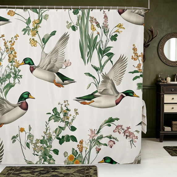 Manfei Green Billed Waterfowl Print Shower Curtain 72Wx78L,Hunting Themed Mallard Duck Bath Curtain