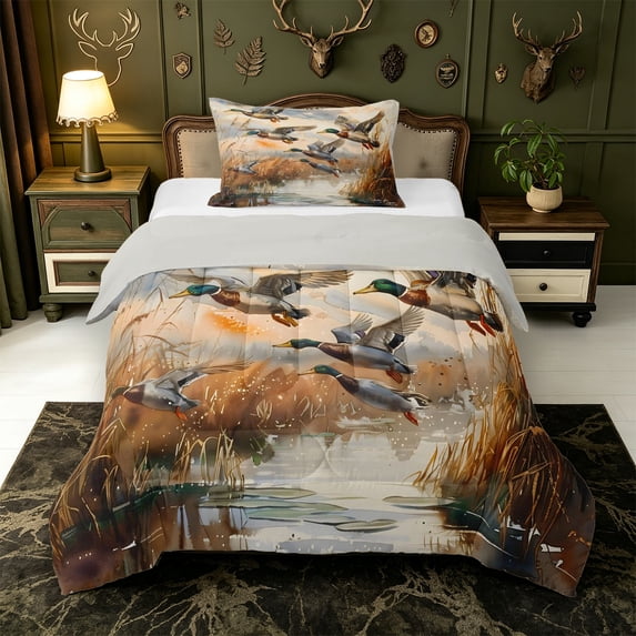 Manfei Green Billed Waterfowl Print Twin Comforter Sets,Farmhouse Animal Bedding Set,Light Gray Reversible,2 Pieces,1 Comforter and 1 Pillowcase