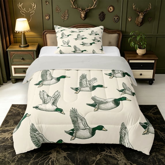 Manfei Green Billed Waterfowl Print Twin Comforter Sets,Rustic Mallard Duck Bedding Set,Light Gray Reversible,2-Piece,1 Comforter and 1 Pillowcase