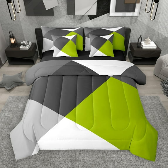 Manfei Green Black White 7-Piece Twin Bedding Sets,Modern Minimalist Geometric Bedding Comforter Set,Patchwork Checkered Sheet Sets For Teens,Ultra Soft Home Decor Reversible