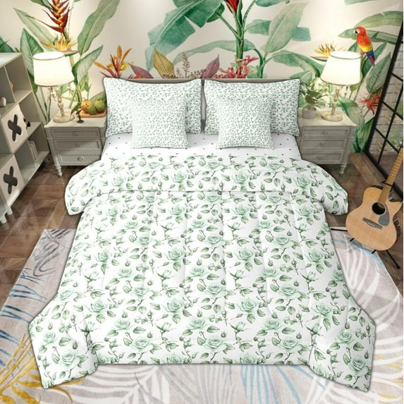 Manfei Green Blossoms Twin Bedding Sets 7-Piece, Girls Floral Flower Bedding Comforter Set, Botanical Plant Sheet Sets, Ultra Soft Room Decor