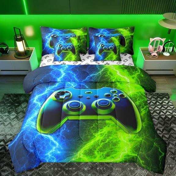 Manfei Green Blue Console 7-Piece Twin Bedding Sets,Gamer Gaming Bedding Comforter Set,Abstract Lightning Sheet Sets For Boys Teens,Luxury Bedroom Decor Reversible
