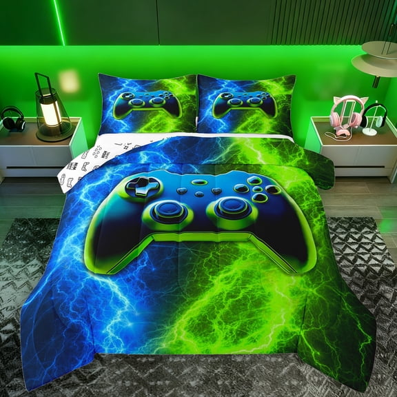 Manfei Green Blue Console Bedding Comforter Set,Gamer Gaming Twin Comforter Sets,Abstract Lightning Bedding Set For Boys Teens,Luxury Bedroom Decor Reversible,2pcs
