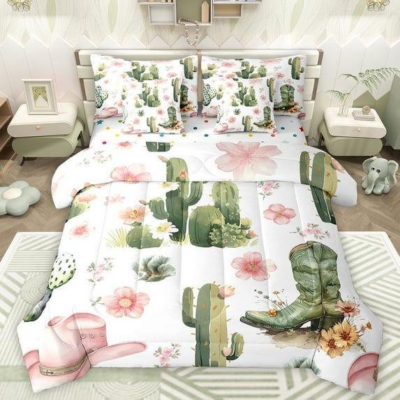 Manfei Green Cactus Plant Bedding Comforter Set 7pcs, Princess Hat Queen Bedding Sets