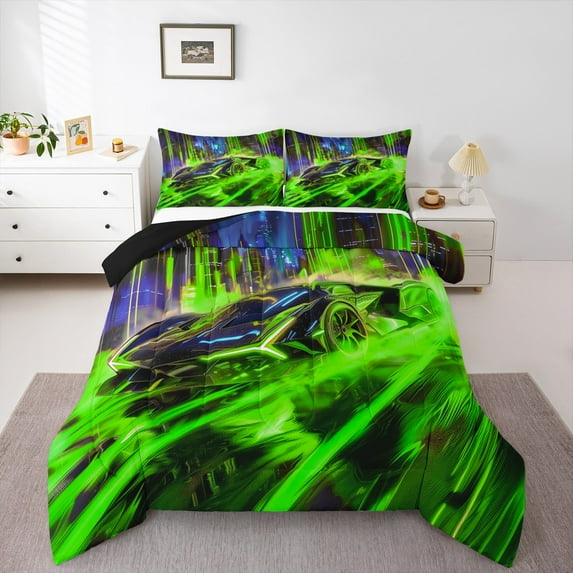 Manfei Green Car 3pcs King Size Comforter Sets,Sport Car Bedding Comforter Set,Extreme Sport Bedding Set,Lightweight Racing Car Bedroom Decoration,Reversible