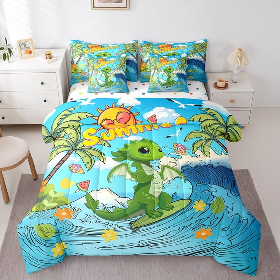 Manfei Green Cartoon Dragon Bed in a Bag King Size,Magic Animal Bed Set,Hawaii Surfing Bedding King Size For Boys Kids,Breathable Room Decor Reversible,7 Pieces