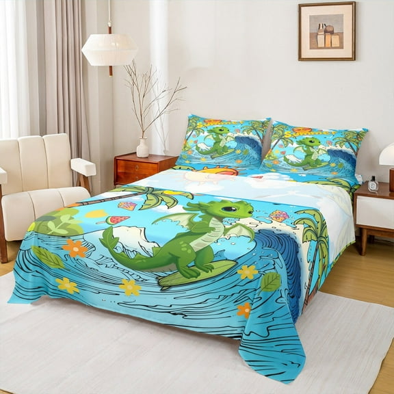 Manfei Green Cartoon Dragon Bed Sheets Set Full Size,Magic Animal Bedding Sets Full Size,Hawaii Surfing Bed Sheets Full For Boys Kids,Breathable Room Decor,4 Pieces