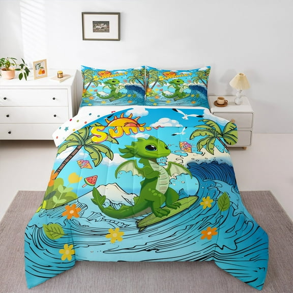 Manfei Green Cartoon Dragon Comforter Sets Queen Size,Magic Animal Comforters & Duvets,Hawaii Surfing Bedding Queen Comforter Set For Boys Kids,Breathable Room Decor Reversible,3-Piece