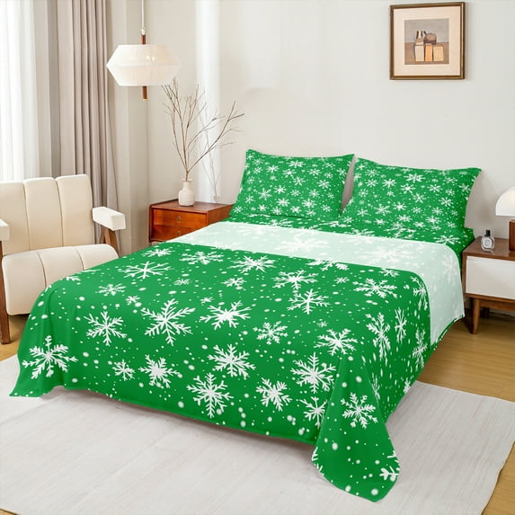 Manfei Green Cartoon Snowflake Full Size Sheets for Teen, Winter Snow Bed Sheets, Western Christmas Festival Sheet Sets, Ultra Soft Home Decor, 4pcs