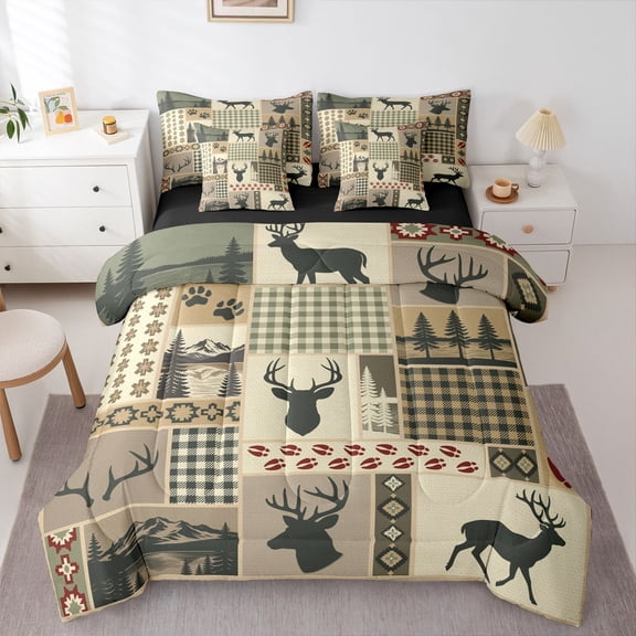 Manfei Green Check Buck 7pcs Queen Bedding,Rustic Woodland Bedding Comforter Set Queen,Black Reversible