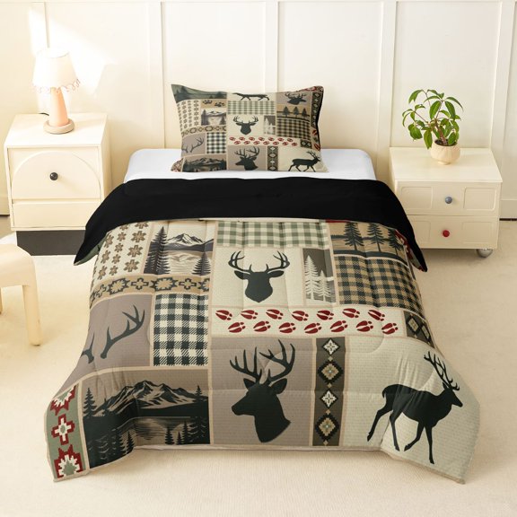 Manfei Green Check Buck Twin Comforter Sets,Rustic Woodland Bedding Set,Black Reversible,2 Pieces,1 Comforter and 1 Pillowcase