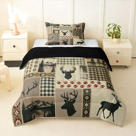 Manfei Green Check Buck Twin Comforter Sets,Rustic Woodland Bedding Set,Black Reversible,2 Pieces,1 Comforter and 1 Pillowcase
