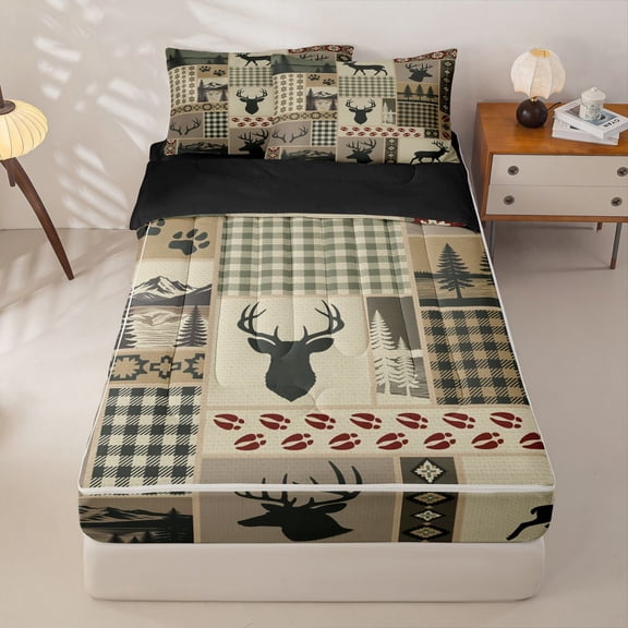 Manfei Green Check Buck Zipper Twin Comforter Sets with Fitted Sheet and 2 Pillowcases,Rustic Woodland Zipper Bedding Set,Black Reversible,4pcs