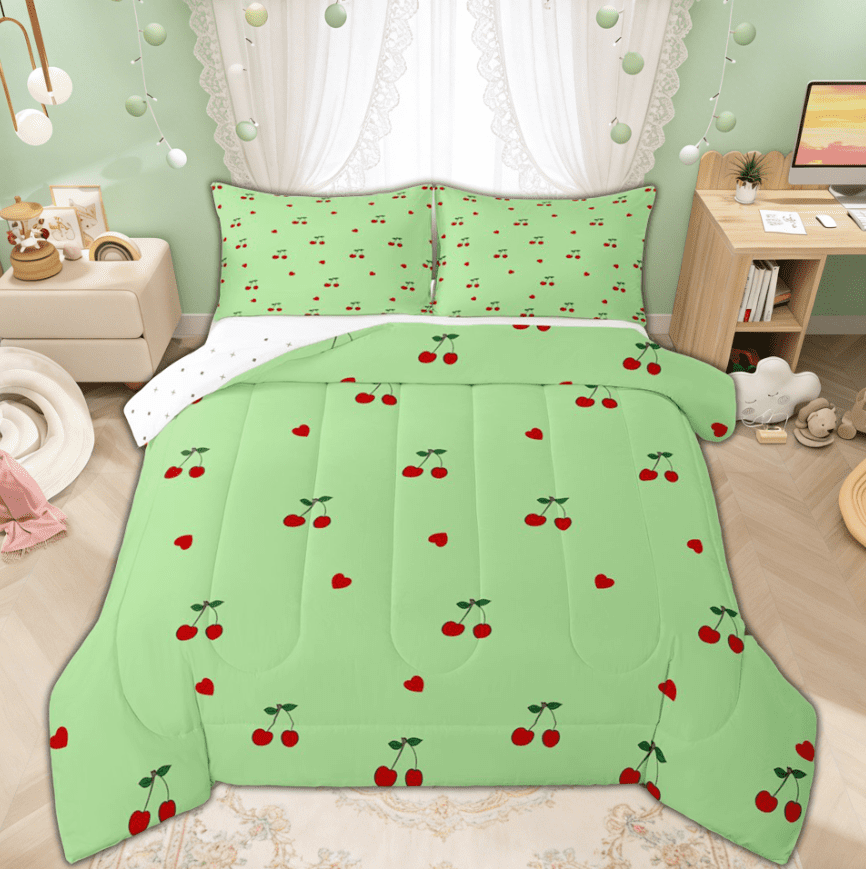 Manfei Green Cheryy Teens Full Size Comforter Sets for Kids Girls, Cartoon Princess Love Heart Bedding Comforter Set, Reversibles, 3pcs