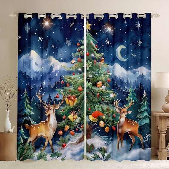Manfei Green Christmas Tree Black Out Curtains for Children, Merry Xmas Curtains Pack of 2 (42x63 Each), Cartoon Deer Stars Bedroom Curtains, Luxury Bedroom Decor
