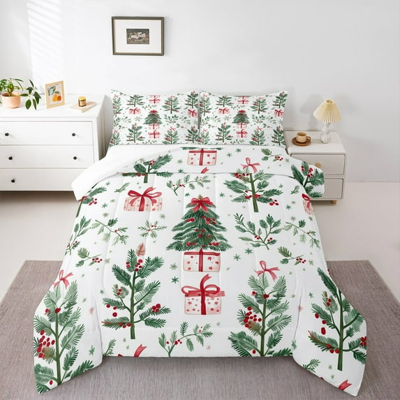 Manfei Green Christmas Tree Queen Comforter Set,Xmas Gifts Bedding Sets,Red Berry Bedding Comforter Set For Kids,Microfiber Bedroom Decor,3pcs