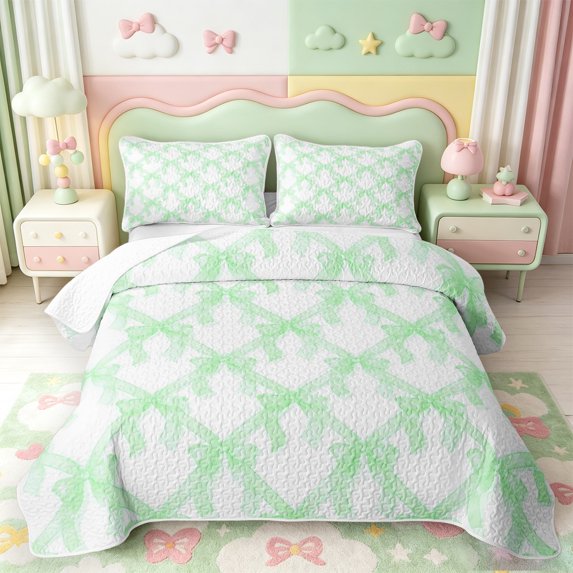 Manfei Green Coquette Bowknot Twin Quilt Set,Kawaii Bow Tie Twin Coverlet Set,3-Piece,1 Bedspread and 1 Pillowcase