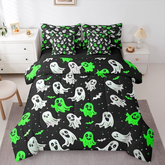 Manfei Green Cute Ghost Bedding Comforter Set 7pcs, Halloween Stars Print Queen Bedding Sets, Gothic Bat Animal Reversible Queen Sheet Sets, Microfiber Bedroom Decor