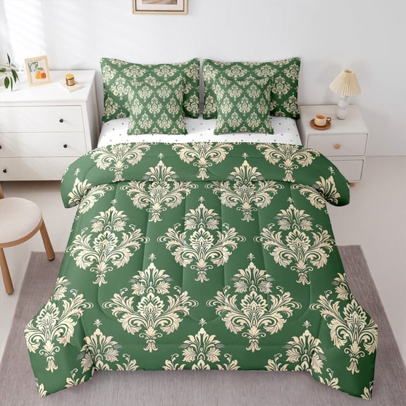 Manfei Green Damask Flower Bedding Comforter Set 7-Piece, Tribal Hippie Mandala King Bedding Sets, Teen Adult Female Man Reversible Bed Sheets, Lightweight Room Decor