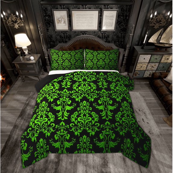 Manfei Green Damask Flower Queen Comforter Set, Tribal Hippie Mandala Bedding Sets, Teen Adult Female Man Reversible Bedding Comforter Set, Super Cozy Room Decor, 3-Piece