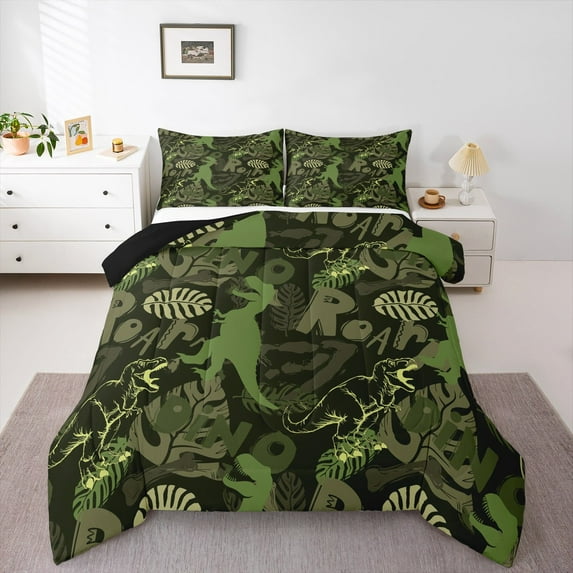 Manfei Green Dinosaur 3 Pieces Queen Comforter Set,Tree Leaves Bedding Sets,Jungle Animal Bedding Comforter Set,Super Cozy Wildlife Room Decoration,Reversible
