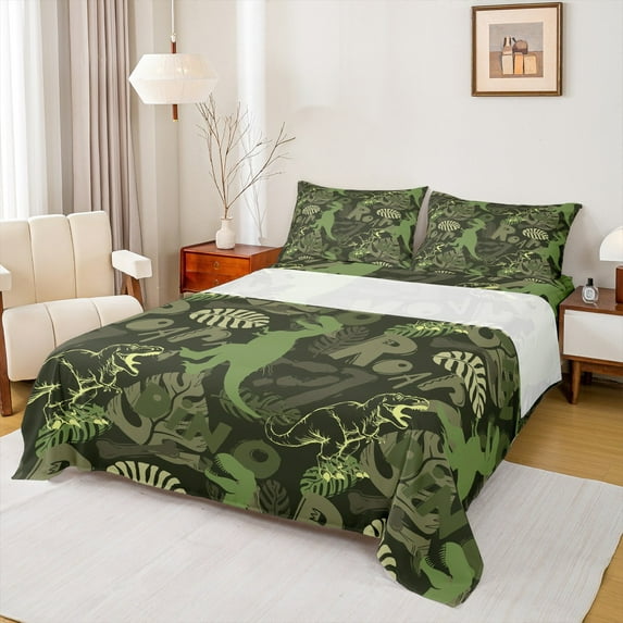 Manfei Green Dinosaur 4 Pieces Queen Sheet Sets,Tree Leaves Ultra Soft Flat Sheet,Jungle Animal Queen Fitted Sheet,Wildlife Room Decoration