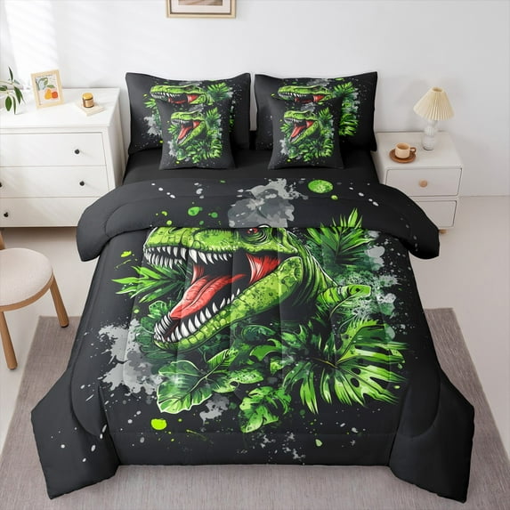 Manfei Green dinosaur 7 Pieces Bedding Comforter Set,Tropical Plant Monstera Full Bedding Set,Gray Splashing Ink Fitted Sheet Flat Sheet For Boys Kids,Breathable Home Decor Reversible
