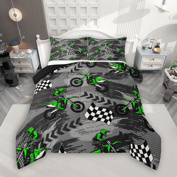 Manfei Green Dirt Bike Bedding Comforter Set 2pcs, Motocross Game Twin Comforter Sets, Motorcycle Track Racing Flag Bedding Set, Luxury Bedroom Decor