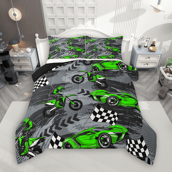 Manfei Green Dirt Bike Bedding Comforter Set 2pcs, Motocross Game Twin Comforter Sets, Racing Car Bedding Set, Lightweight Room Decor