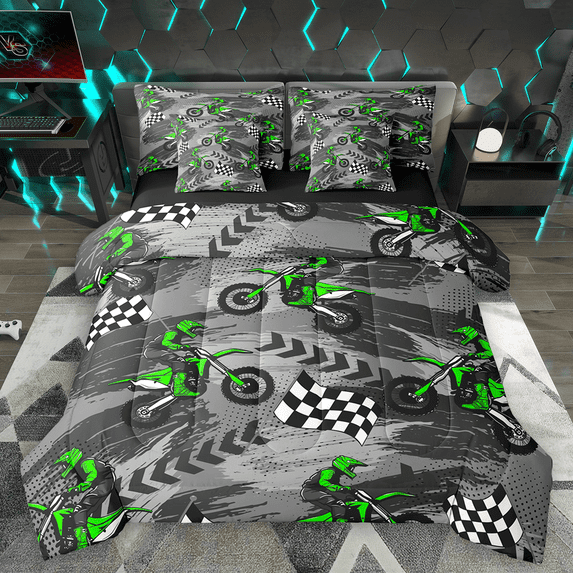 Manfei Green Dirt Bike Bedding Comforter Set 7-Piece, Motocross Game Full Bedding Set, Motorcycle Track Racing Flag Fitted Sheet Flat Sheet, Luxury Bedroom Decor