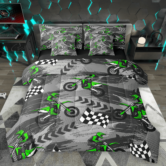 Manfei Green Dirt Bike Bedding Comforter Set 7pcs, Motocross Game King Bedding Sets, Motorcycle Track Racing Flag Bed Sheets, Luxury Bedroom Decor