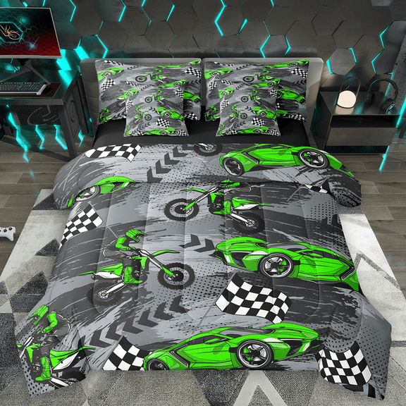 Manfei Green Dirt Bike Bedding Comforter Set 7pcs, Motocross Game King Bedding Sets, Racing Car Bed Sheets, Lightweight Room Decor