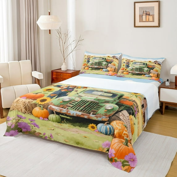 Manfei Green Farm Truck Queen Sheet Sets for Kids, Cute Scarecrow Flat Sheet, Harvest Season Pumpkin Queen Fitted Sheet, Breathable Home Decor 4-Piece