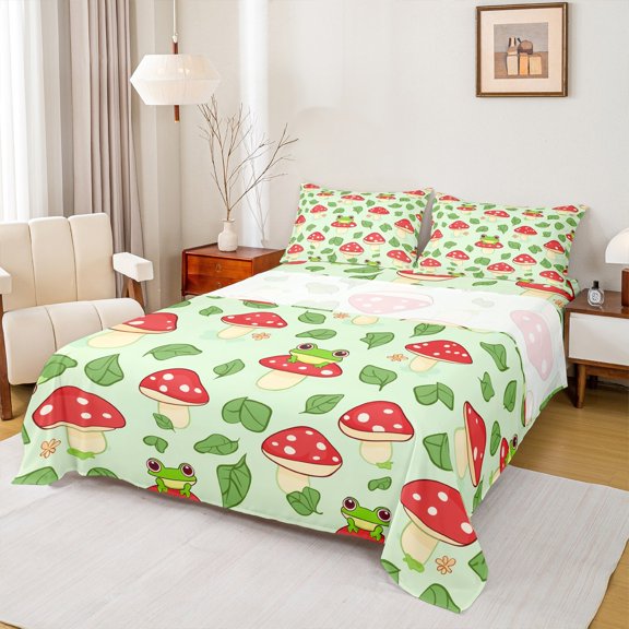 Manfei Green Frog Prince Bed Sheets, Jungle Cartoon Mushroom King Sheets, Kawaii Animal Sheet Set, Super Cozy Room Decor, 4-Piece