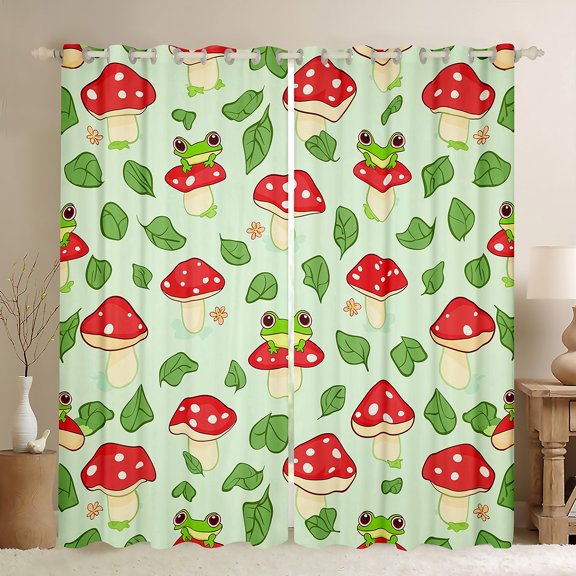 Manfei Green Frog Prince Curtains Pack of 2 (42x84 Each), Jungle Cartoon Mushroom Curtains Blackout, Kawaii Animal Bedroom Curtains, Window Curtains Room Decor