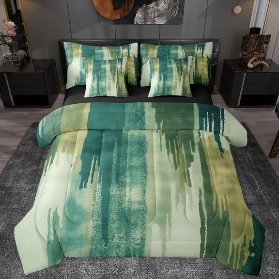 Manfei Green Fulit Ink 7pcs Bedding Comforter Set,Vintage Sbatrsct Striped Queen Bedding Sets,Green Lines Queen Sheet Sets For Adult,Microfiber Bedroom Decor Reversible