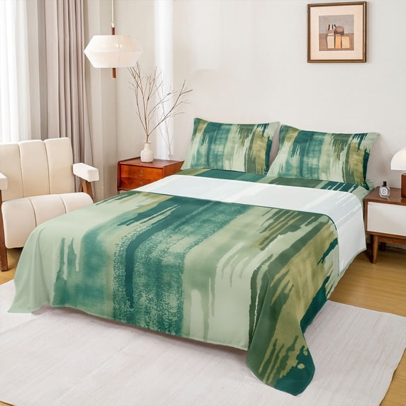 Manfei Green Fulit Ink Twin Sheet Sets,Vintage Sbatrsct Striped Twin Fitted Sheet,Green Lines Flat Sheet For Adult,Microfiber Bedroom Decor,3-Piece
