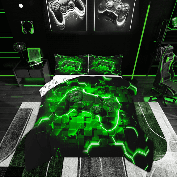 Manfei Green Gamapad Bedding Comforter Set, Honeycomb Geometric Down Comforter, Gaimng Lover Reversible Duvet Insert, Breathable Bedroom Decoration, 2pcs