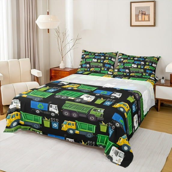 Manfei Green Garbage Truck Twin Sheet Sets 3pcs, Transportation Theme Twin Fitted Sheet, Trash Can Flat Sheet, Super Cozy Room Decor