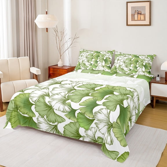 Manfei Green Ginkgo Leaves Full Size Sheets,Natural Botanical Bed Sheets,Rustic Leaf Autumn Plant Sheet Sets For Girls,Uxury Bedroom Decor,4 Pieces